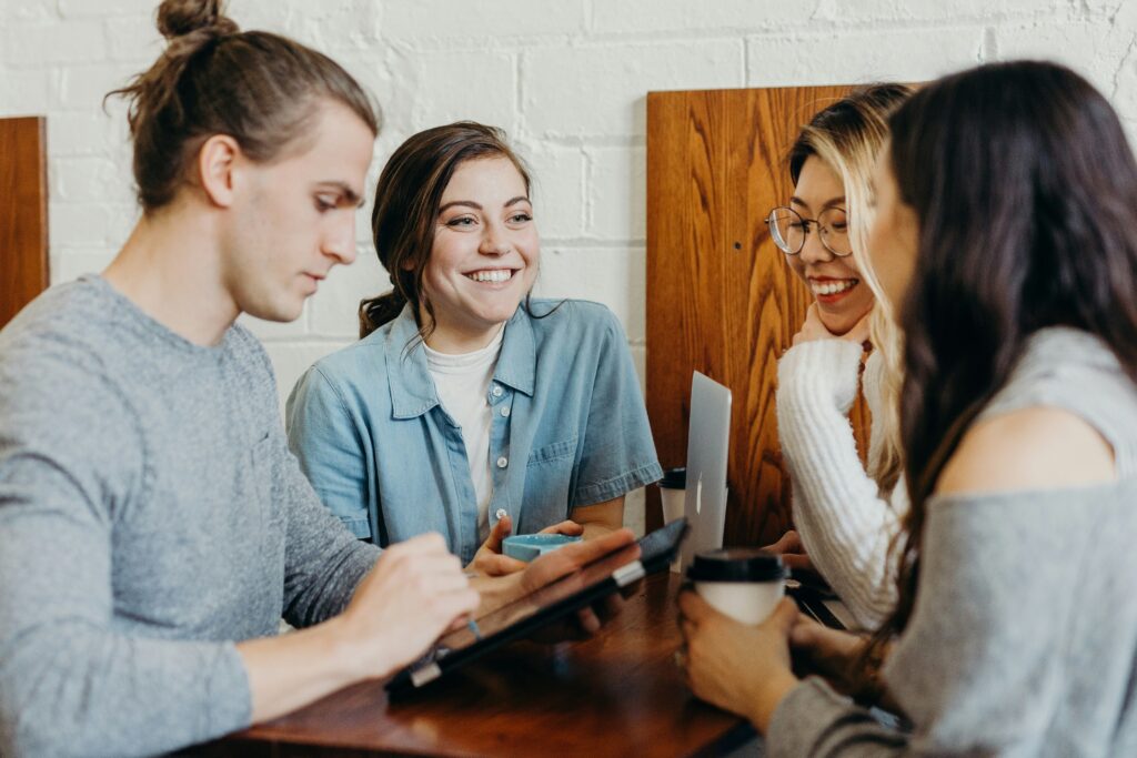 A group of people chatting.